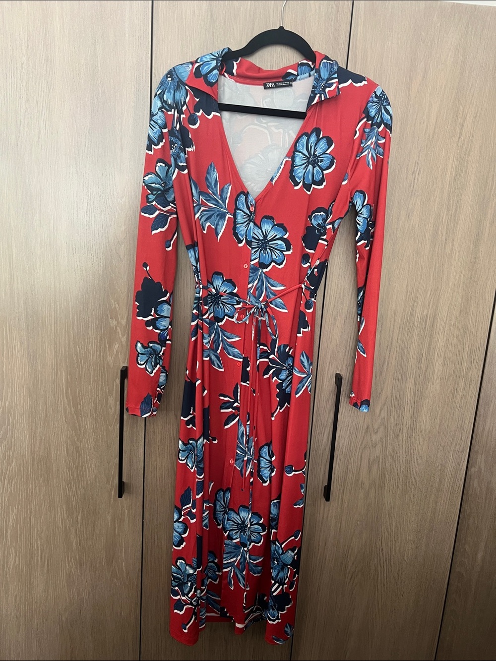 Zara Red Wrap Maxi Dress with Blue Floral Print